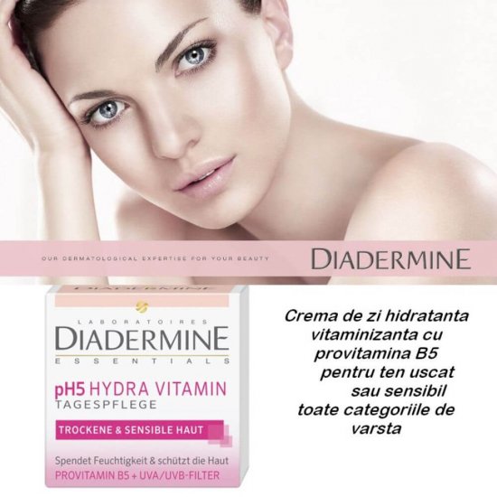 Crema de Fata DIADERMINE, pH5 Hydra Vitamin, 50 ml, pentru Ten Uscat si Sensibil, Crema Protectoare pentru Piele, Crema Diadermine pentru Ten, Crema pentru Piele Uscata si Sensibila, Crema Hidratanta de Fata, Crema de Protectie pentru Fata