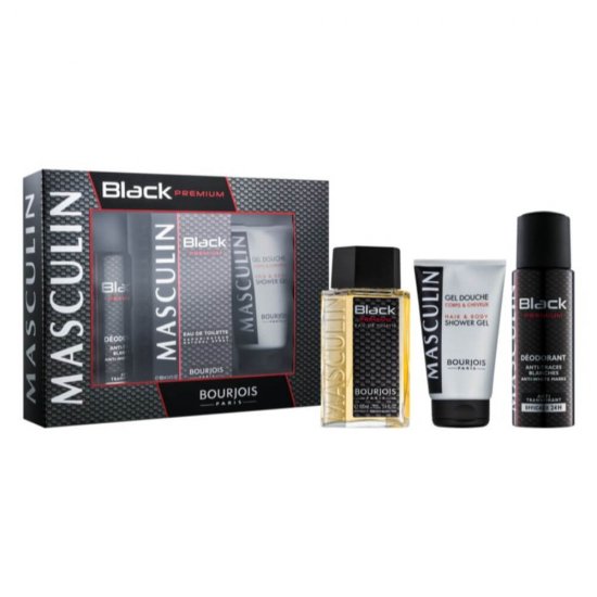 Set Bourjois Black Premium, Apa de Toaleta 100 ml, Deodorant Antiperspirant Spray 200 ml, Gel de Dus 150 ml, Seturi Cadou pentru Barbati, Set Cadou Cosmetice pentru Barbati, Set Cadou Barbati, Kit Igiena Barbati, Produse Ingrjirea Corpului Barbati