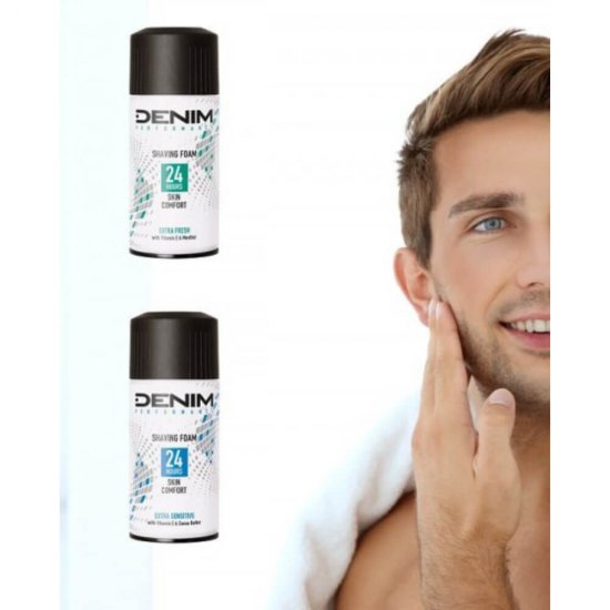 Spuma de Ras pentru Barbati DENIM Performance Extra Sensitive, Confort 24 Ore, Cu Vitamina E si Unt de Cacao, 300 ml, Spuma de Ras cu Vitamina E, Spuma pentru Barbierit, Spuma pentru Ras cu Unt de Cacao, Spuma de Ras Denim, Spuma de Ras Piele Sensibila