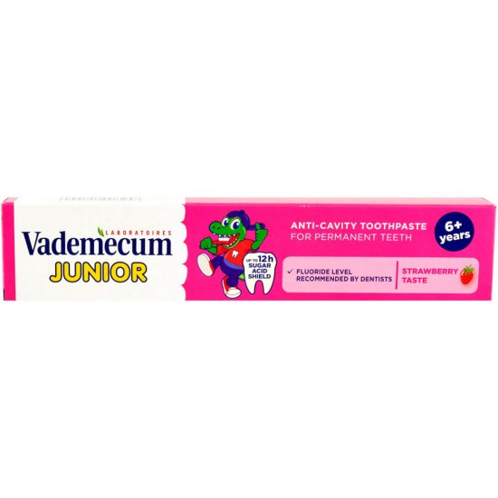 Pasta de Dinti VADEMECUM Junior Strawberry, 75 ml, 6 +, Pentru Copii, Pasta pentru Albirea Dintilor, Pasta de Dinti pentru Albire, Pasta de Dinti pentru Copii, Pasta de Dinti Naturala pentru Albire, Pasta de Dinti cu Capsuni