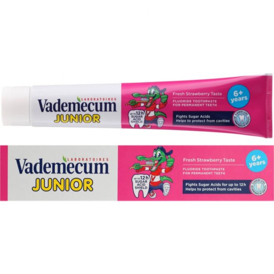 Pasta de Dinti VADEMECUM Junior Strawberry, 75 ml, 6 +, Pentru Copii, Pasta pentru Albirea Dintilor, Pasta de Dinti pentru Albire, Pasta de Dinti pentru Copii, Pasta de Dinti Naturala pentru Albire, Pasta de Dinti cu Capsuni