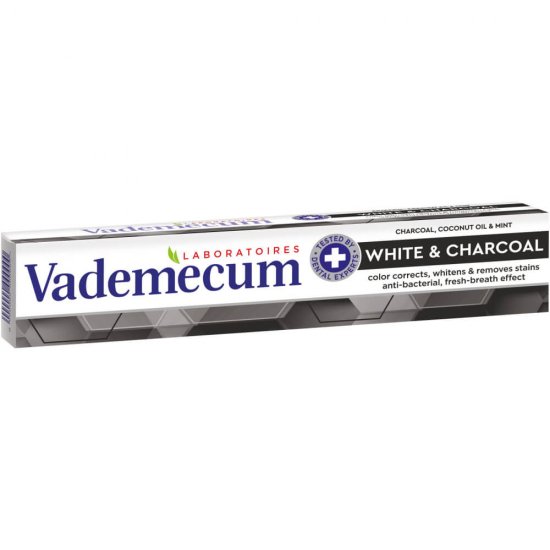 Pasta de Dinti VADEMECUM Charcoal White, 75 ml, Pasta pentru Albirea Dintilor, Pasta de Dinti pentru Albire, Pasta de Dinti cu Carbune Activ, Pasta de Dinti pentru Albire cu Carbune, Pasta de Dinti cu Carbune pentru Albire