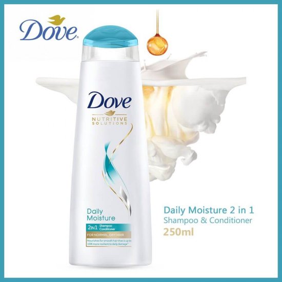 Sampon DOVE Daily Moisture 2 in 1, 250 ml, Par Normal si Uscat, Sampon si Balsam 2 in 1, Sampoane Revitalizante, Sampon Fortifiere, Produse de Ingrijire a Parului, Produse Hairstyling, Sampon Intarire Par