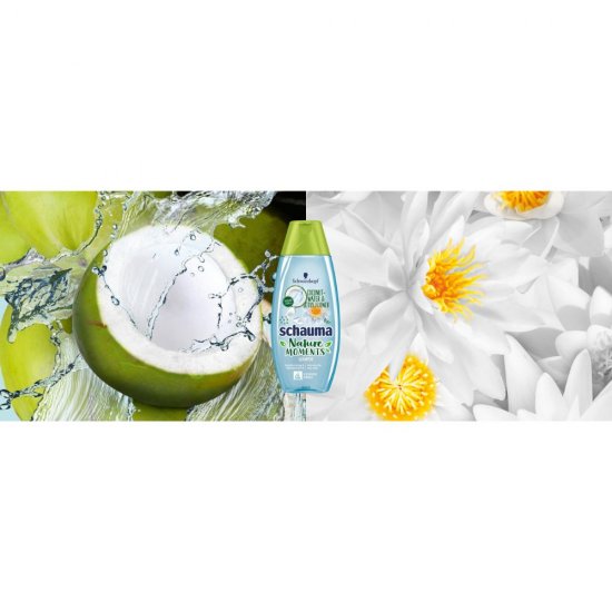 Sampon SCHAUMA Nature Moments, 250 ml, Pentru Par Foarte Uscat, Cu Extract de Apa de Cocos si Floare de Lotus, Sampon Vegan, Par Sanatos si Stralucitor, Sampon Spalare Par, Sampon Fortifiere, Sampoane pentru Par
