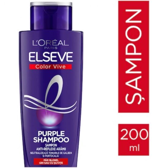 Sampon Par Blond/Gri L'OREAL Paris Elseve Color Vive Purple, 200 ml, Sampon Nuantator, Sampon Eliminare Reflexii Galbene, Sampon Nuantator Gri, Sampon Nuantator pentru Parul Blond, Sampon Neutralizare Tonuri Galbene, Sampon pentru Par Vopsit