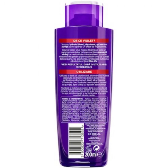 Sampon Par Blond/Gri L'OREAL Paris Elseve Color Vive Purple, 200 ml, Sampon Nuantator, Sampon Eliminare Reflexii Galbene, Sampon Nuantator Gri, Sampon Nuantator pentru Parul Blond, Sampon Neutralizare Tonuri Galbene, Sampon pentru Par Vopsit