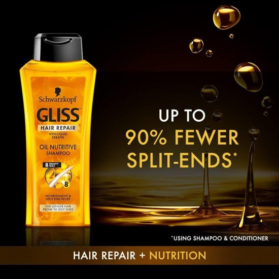 Sampon GLISS Ultimate Oil Nutritive, 400 ml, Pentru Par Lung cu Varfuri Despicate, Cu Keratina Lichida, Sampon Gliss, Sampoane Gliss, Par Sanatos si Stralucitor, Sampon Spalare Par, Sampon Fortifiere