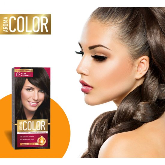 Vopsea Permanenta de Par Aroma Color 02, Castaniu Inchis, 90 ml, Vopsea Par, Vopsea Castanie, Vopsea Permanenta Castanie, Vopsea Par Castanie, Vopsea de Par Permanenta, Vopsea Castaniu Inchis