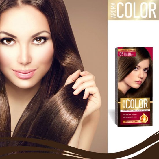Vopsea Permanenta de Par Aroma Color 05, Castaniu Auriu, 90 ml, Vopsea Par, Vopsea Castaniu Auriu, Vopsea Permanenta Castaniu Auriu, Vopsea Par Castanie, Vopsea de Par Permanenta, Vopsea Par Castaniu