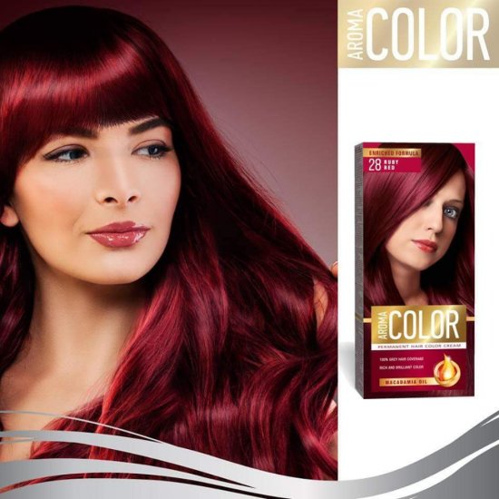 Vopsea Permanenta de Par Aroma Color 28, Rubiniu, 90 ml, Vopsea Par, Vopsea Rubinie, Vopsea Roscata, Vopsea Permanenta Roscata, Vopsea Par Roscata, Vopsea de Par Permanenta