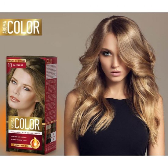 Vopsea de Par AROMA Color, 10, Aluna, 90 ml, Permanenta, Vopsea de Par Permanenta, Vopsea de Par Saten, Vopsele de Par Permanente Aroma, Vopsea de Par Hidratanta, Vopsea de Par cu Aloe Vera si Ulei de Jojoba, Vopsele de Par Deschise