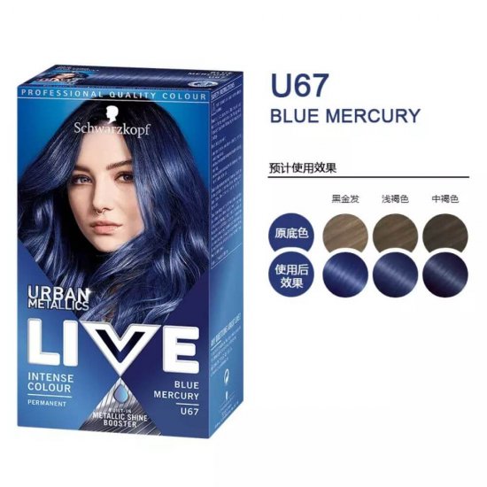 Vopsea Par Permanenta LIVE Urban Metallics, U67 Blue Mercury, 142.5 ml, Vopsea de Par Permanenta Intense Colour Metallic Shine Booster, Crema Coloranta de Par, Vopsele de Par Metalice, Vopsea de Par cu Stralucire Metalica