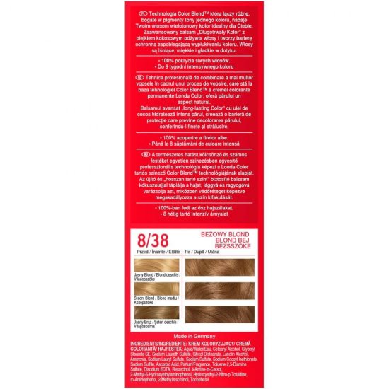 Vopsea de Par Permanenta Londa Color Blend 8/38, 110 ml, Blond Bej, Vopsea LONDA Color, Colorare Par LONDA Color, Vopsea de Par Blond Bej, Vopsele Hair Styling, Produse de Ingrijire a Parului, Vopsea Colorare Par LONDA Color Blend