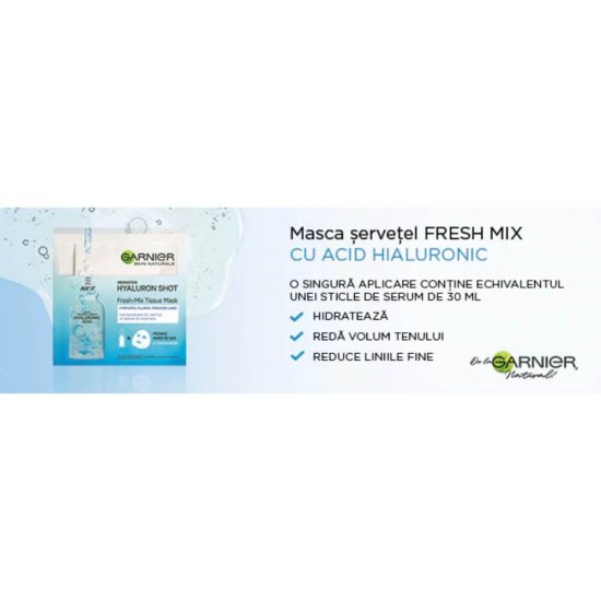 Masca Servetel Garnier Skin Naturals Fresh-Mix Hyaluron Shot, 33 g, Masca Servetel cu Acid Hialuronic, Masca Servetel Anti Riduri, Masca Hidratare Ten, Masca Servetel Revigoranta, Masca de Fata Servetel, Masca Ten Servetel