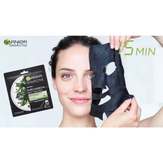 Masca Servetel Garnier Skin Naturals Pure Charcoal Matifianta, 28 g, Masca Servetel Matifianta, Masca Servetel Purificare Ten, Masca Hidratare Ten, Masca Servetel cu Ceai Negru, Masca Servetel cu Carbune Activ, Masca de Fata Servetel