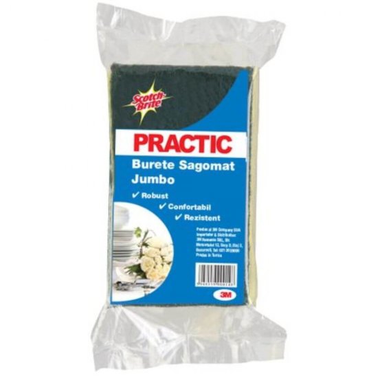 Burete Sagomat Jumbo Standard Practic SCOTCH BRITE, 15.5x9x4.5 cm, Spuma Poliuretanica si Fibra Abraziva, Culoare Galbena, Burete Vase, Bureti Bucatarie, Bureti Curatare, Burete pentru Menaj, Bureti pentru Casa, Bureti Scotch Brite