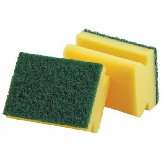 Burete Sagomat Standard Practic SCOTCH BRITE, Dimensiuni 9x7x4.5 cm Spuma Poliuretanica si Fibra Abraziva, Culoare Galbena, Burete Vase, Bureti Scotch Brite, Bureti Curatare, Burete pentru Menaj, Bureti pentru Casa, Burete Bucatarie, Bureti de Vase