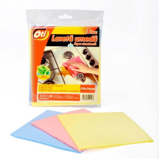 Set 3 Lavete Umede OTI, Dimensiune 18x16 cm, Multicolor, Lavete Umede pentru Bucatarie, Laveta Umeda Biodegradabila, Laveta Umeda pentru Baie, Lavete din Fibra Naturala pentru Uz General, Laveta Superabsorbanta, Laveta Umeda pentru Inox