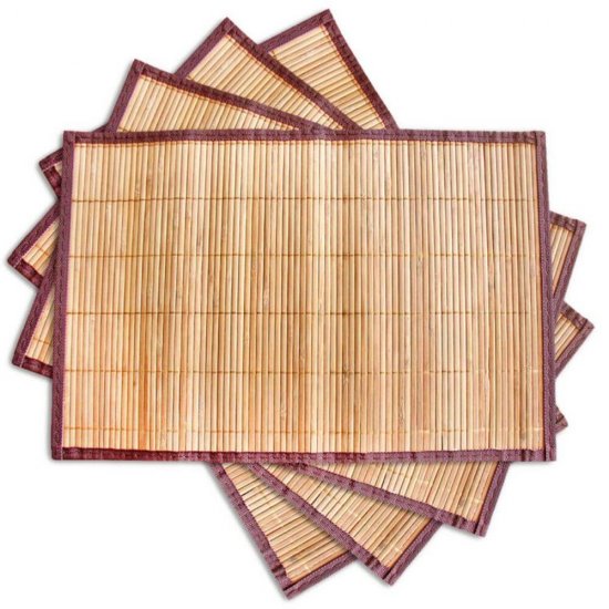Suport Bambus Farfurii, 4 Buc/Set, 45x30 cm, cu Margine Textila, Culoare Maro, Napron din Bambus, Napron Bambus pentru Farfurii, Suporturi pentru Farfurii, Set Placemat Bambus, Placemate Bambus, Suport Bambus pentru Masa