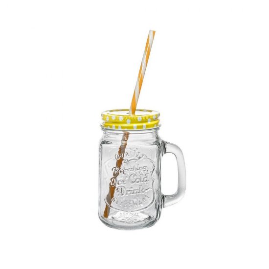 Carafa Sticla cu Capac si Pai OTI, 450 ml, Diverse Culori, Cana din Sticla cu Capac si Pai, Borcan Capac si Pai, Cani cu Capac si Pai, Carafe din Sticla cu Capac si Pai, Cana Limonada cu Capac Metalic si Pai, Borcan cu Pai si Capac