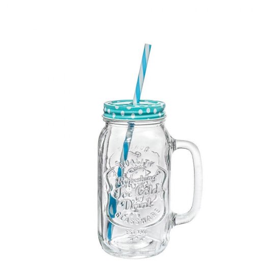 Carafa Sticla cu Capac si Pai OTI, 680 ml, Diverse Culori, Cana din Sticla cu Capac si Pai, Borcan Capac si Pai, Cani cu Capac si Pai, Carafe din Sticla cu Capac si Pai, Cana Limonada cu Capac Metalic si Pai, Borcan cu Pai si Capac