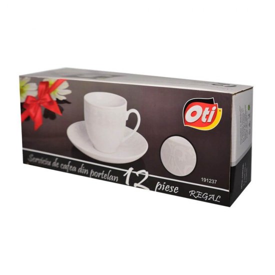 Set Portelan pentru Cafea, 12 Piese, Model Regal, 6 Cesti 200 ml, 6 Farfurii, Culoare Alba, Serviciu de Cafea din Portelan, Servicii de Cafea din Portelan, Servicii Cafea 12 Piese, Cesti si Farfurii Cafea, Cesti din Portelan