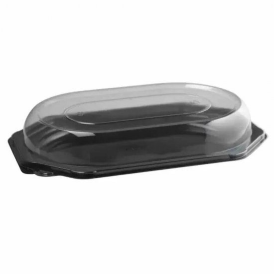 Set 100 Platouri Ovale cu Capac, 29.5x19x4 cm, Negre, Polipropilena, Set Platouri Plastic cu Capac pentru Catering, Platouri Plastic cu Capac pentru Alimente, Platouri Plastic pentru Catering, Platouri cu Capac pentru Transport Alimente