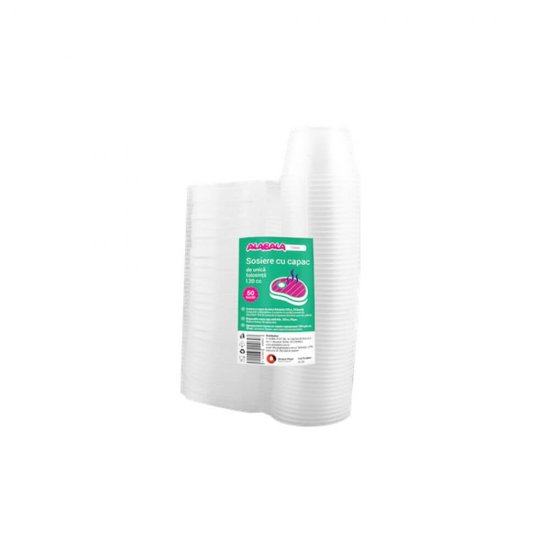 Set 50 Sosiere Plastic cu Capac, 120 ml, Diametru 47 mm, Transparent, Sosiere de Unica Folosinta, Sosiere Mici din Plastic, Sosiere cu Capac din Plastic, Sosiere din Plastic, Sosiere Catering, Sosiera cu Capac, Sosiere din Plastic Unica Folosinta
