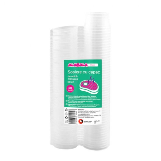 Set 50 Sosiere Plastic cu Capac, 50 ml, Diametru 25 mm, Transparent, Sosiere de Unica Folosinta, Sosiere cu Capac din Plastic, Sosiere din Plastic, Sosiere Catering, Sosiera cu Capac, Sosiere din Plastic Unica Folosinta
