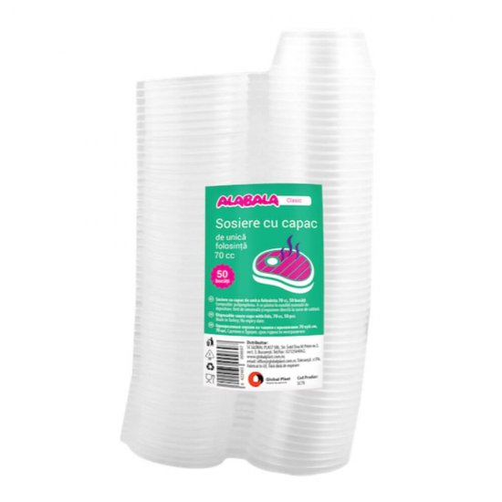 Set 50 Sosiere Plastic cu Capac, 70 ml, Diametru 28 mm, Transparent, Sosiere de Unica Folosinta, Sosiere cu Capac din Plastic, Sosiere Mici din Plastic, Sosiere din Plastic, Sosiere Catering, Sosiera cu Capac, Sosiere din Plastic Unica Folosinta
