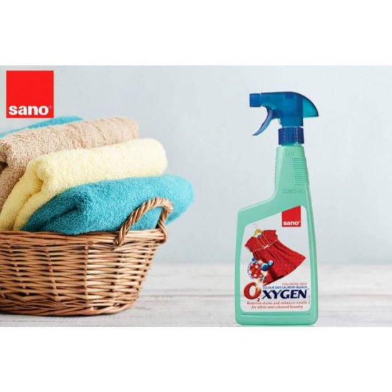 SANO Oxygen Lichid, 750 ml, Spray pentru Indepartarea Petelor, Fara Clor, pentru Haine Colorate/Albe, Solutie Lichida cu Pulverizator Indepartare Pete Rufe, Solutii Indepartat Petele Haine, Detergenti Tesaturi Impotriva Petelor
