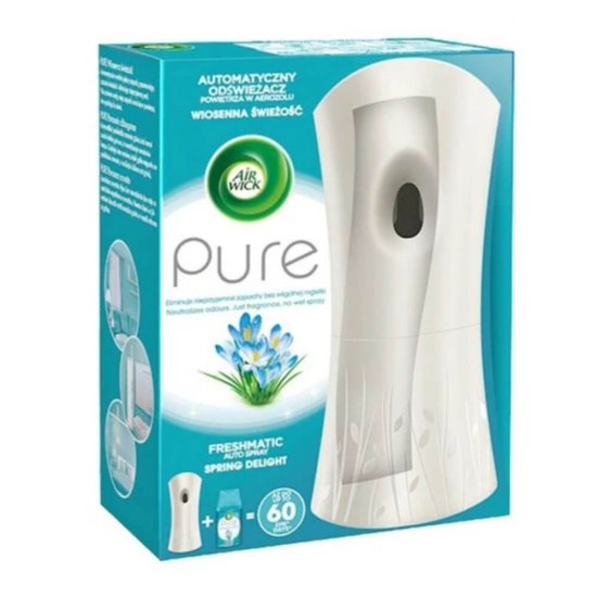 Aparat Air Wick Freshmatic cu Odorizant Pure Spring Delight, 250 ml, Parfum Floral, Spray Odorizant de Camera, Set Aparat Air Wick si Odorizant Spray Tip Aerosol, Spray tip Aerosol, Odorizant Camera, Aparat Odorizant de Camera Automat
