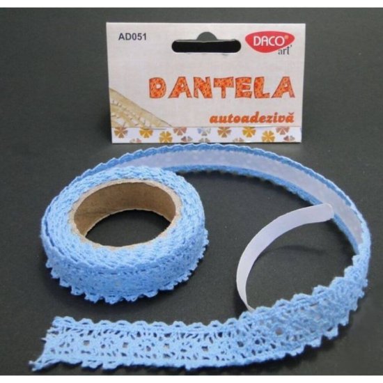 Dantela Autoadeziva DACO, Dimensiuni 1.5x200 cm, Material Textil, Culoare Albastra, Accesorii craft, Dantela Decoratiuni, Banda Dantela, Benzi Dantela, Banda Dantela Autoadeziva, Banda Adeziva Decor Dantela, Dantela cu Adeziv, Dantela Material Textil