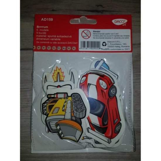 Forme Spuma Autoadeziva DACO, Model Brrrrum Masini, Dimensiuni Variabile, 9 Buc/Set, Multicolor, Accesorii Craft, Accesorii Creatie, Masini din Spuma, Elicopter din Spuma Autoadeziva, Forme din Spuma Autoadeziva, Automobile Autoadezive