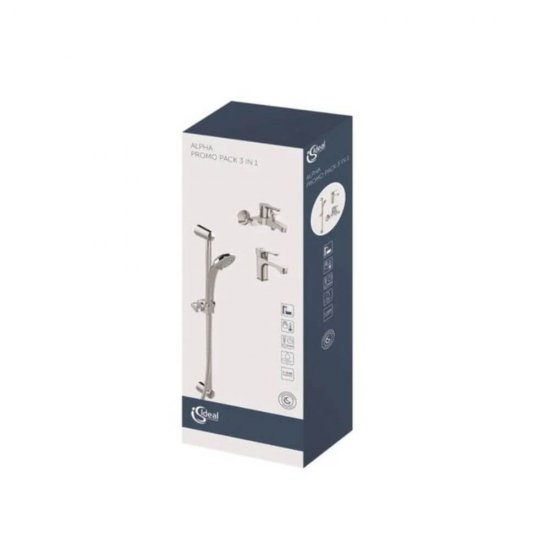 Set 5 Piese Alpha pentru Baie, Baterie cu Ventil pentru Lavoar, Baterie Cada si Dus cu Divertor, Bara Dus 600 mm, Para Dus 3 Functii 80 mm, Furtun Dus 1500 mm, Set Baie, Set pentru Baie, Set 5 Piese Baie, Set pentru Dus, Set Dus