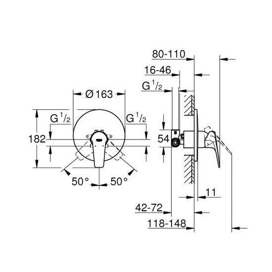 Baterie Ingropata Grohe BauFlow, Dus/Cada, 1 Iesire, Monocomanda, Cromat, Baterie Ingropata 1 Iesire, Grohe BauFlow, Baterie Cada, Baterie Dus