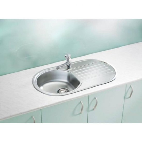 Chiuveta Ovala Bucatarie Sanobi, 78x48 cm, cu Picurator, Cuva pe Dreapta, Inox Alimentar, Finisaj Mat, Chiuveta Ovala pentru Blat, Chiuveta Ovala pentru Bucatarie, Chiuveta de Bucatarie Ovala, Chiuveta Ovala de Bucatarie