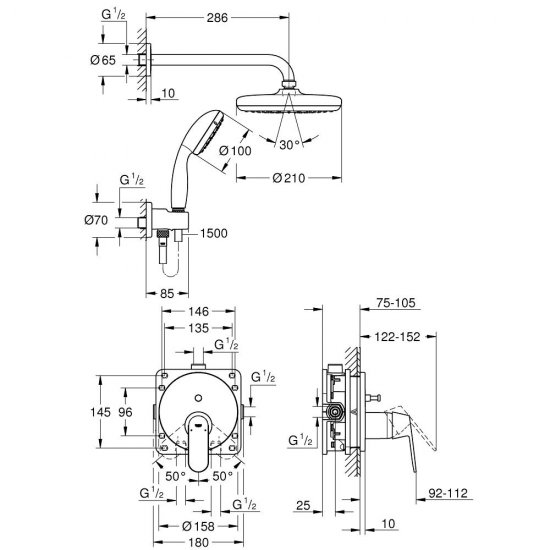 Sistem de Dus cu Baterie Incastrata, Grohe Eurosmart Cosmopolitan Tempesta 210, Crom, Sistem de Dus, Sistem pentru Dus, Dus Coloana pentru Baie, Dus pentru Baie, Sistem Montare Dus, Dus Incastrat, Dus Incastrat in Perete