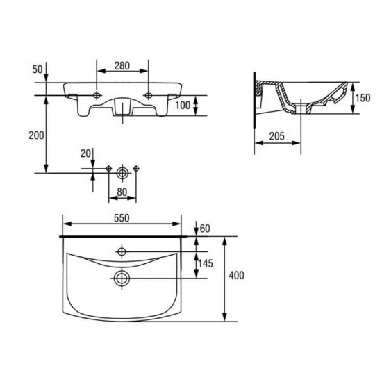 Lavoar  Suspendat, Cersanit Carina, 55x40 cm, Cu Orificiu pentru Baterie si Preaplin, Lavoar Suspendat de la Cersanit, Lavoar Cersanit Carina, Lavoar cu Orificiu pentru Baterie si Preaplin Cersanit