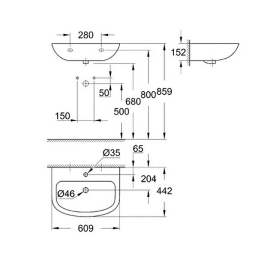 Lavoar Ceramic, Grohe Bau, Montare pe Perete, 60.9x44.2 cm, cu Orificiul pentru Baterie, Alb, Lavoar Alb, Lavoar pentru Baie, Lavoar Ceramic, Chiuveta Alba, Chiuveta pentru Baie, Chiuveta Ceramica