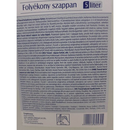 Sapun Lichid Assist Trend, Alb, 5 L, Bidon Sapun Lichid, Sapun Lichid Alb, Sapun pentru Maini, Sapun Maini, Sapun Lichid pentru Maini, Sapun Delicat, Sapun Lichid Delicat, Sapun Piele Moale, Sapun pentru Piele Moale, Sapun Delicat cu Pielea