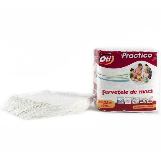 Servetele Masa OTI Practico, 1 Strat, 25x25 cm, 100 Servetele/Set, Culoare Alba, Servetele Albe de Masa, Prosoape de Hartie si Servetele, Servetele Uscate, Servetele de Unica Folosinta, Servetele Uscate de Masa