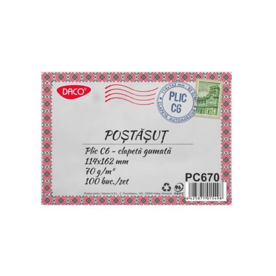 Plic Gumat Daco, C6, 114x162 mm, 100 Buc/Set, Alb, 70 g/m², cu Clapeta Gumata, Tip Lipire Siliconica, Plic Mic Corespondenta, Plic Hartie Alba, Plic Posta, Plicuri Posta, Plicuri Gumate, Plicuri Mici, Plicuri Albe din Hartie, Plic Alb Hartie
