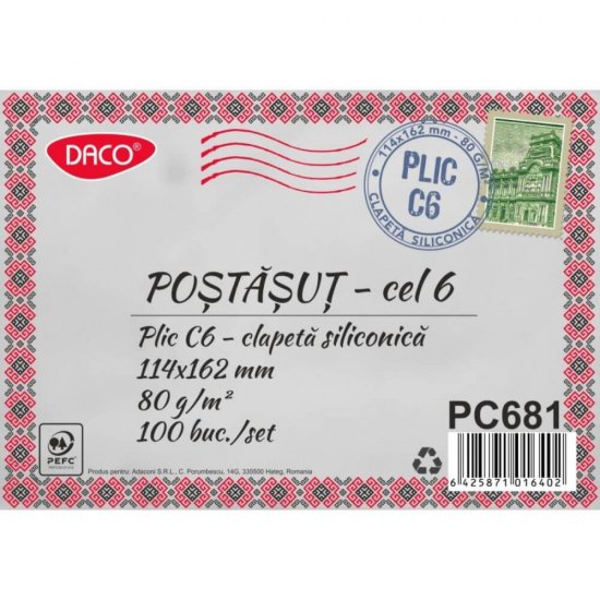 Plic Siliconic Daco, C6, 114x162 mm, 100 Buc/Set, Alb, Lipire Siliconica, 80 g/m², Plic cu Clapeta Siliconica, Plic Mic Corespondenta, Plic Hartie Alba, Plic Posta, Plicuri Posta, Plicuri Albe din Hartie, Plic Alb Hartie, Plicuri C6, Plic C6