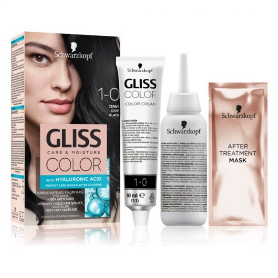 Vopsea de Par Permanenta GLISS Color 143 ml, 1-0, Negru Intens, Vopsea de Par Permanenta cu Acid Hialuronic, Vopsea de Par Negru, Vopsea de Par Gliss Schwarzkopf, Vopsea Permanenta Par, Vopsele de Par Gliss