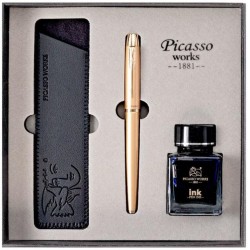 Set Stilou si Calimara de Cerneala Picasso si Etui, Culoare Auriu, Model 9666AU Set Stilou si Calimara de Cerneala Picasso si Etui, Culoare Auriu, Model 9666AU