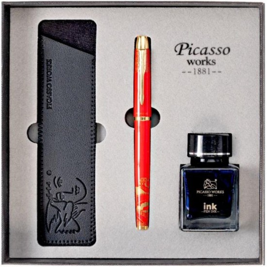 Set Stilou si Calimara de Cerneala Picasso si Etui, Culoare Rosu, Model 9666R