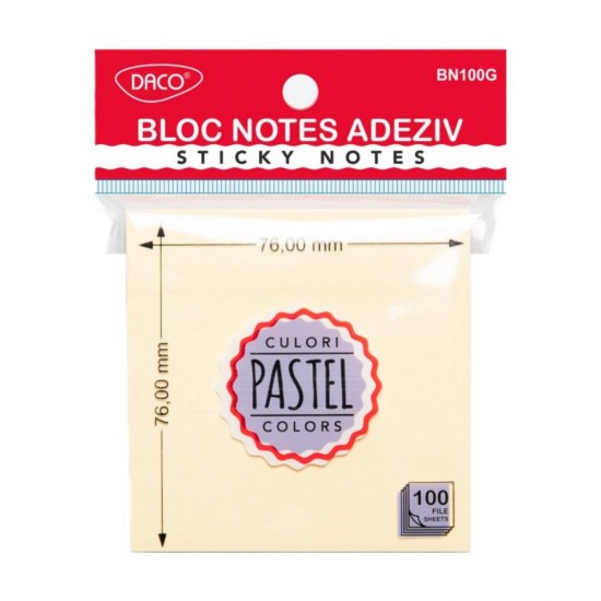 Bloc Notes Adeziv Galben Pastel Daco, Dimensiune 76x76 mm, 100 File