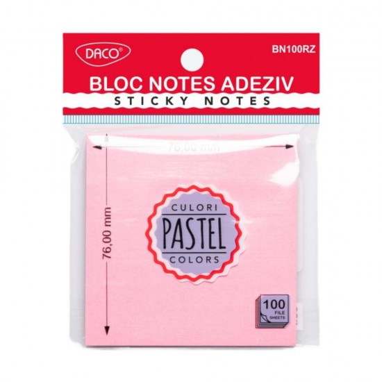 Bloc Notes Adeziv Roz Pastel Daco, 76x76 mm, 100 File