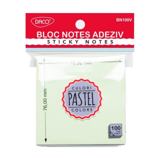 Bloc Notes Adeziv Verde Pastel Daco, Dimensiune 76x76 mm, 100 File